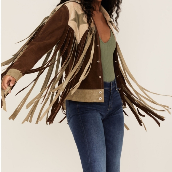 Vintage style leather fringe stars flag usa Americana jacket coat L free people - Picture 5 of 6